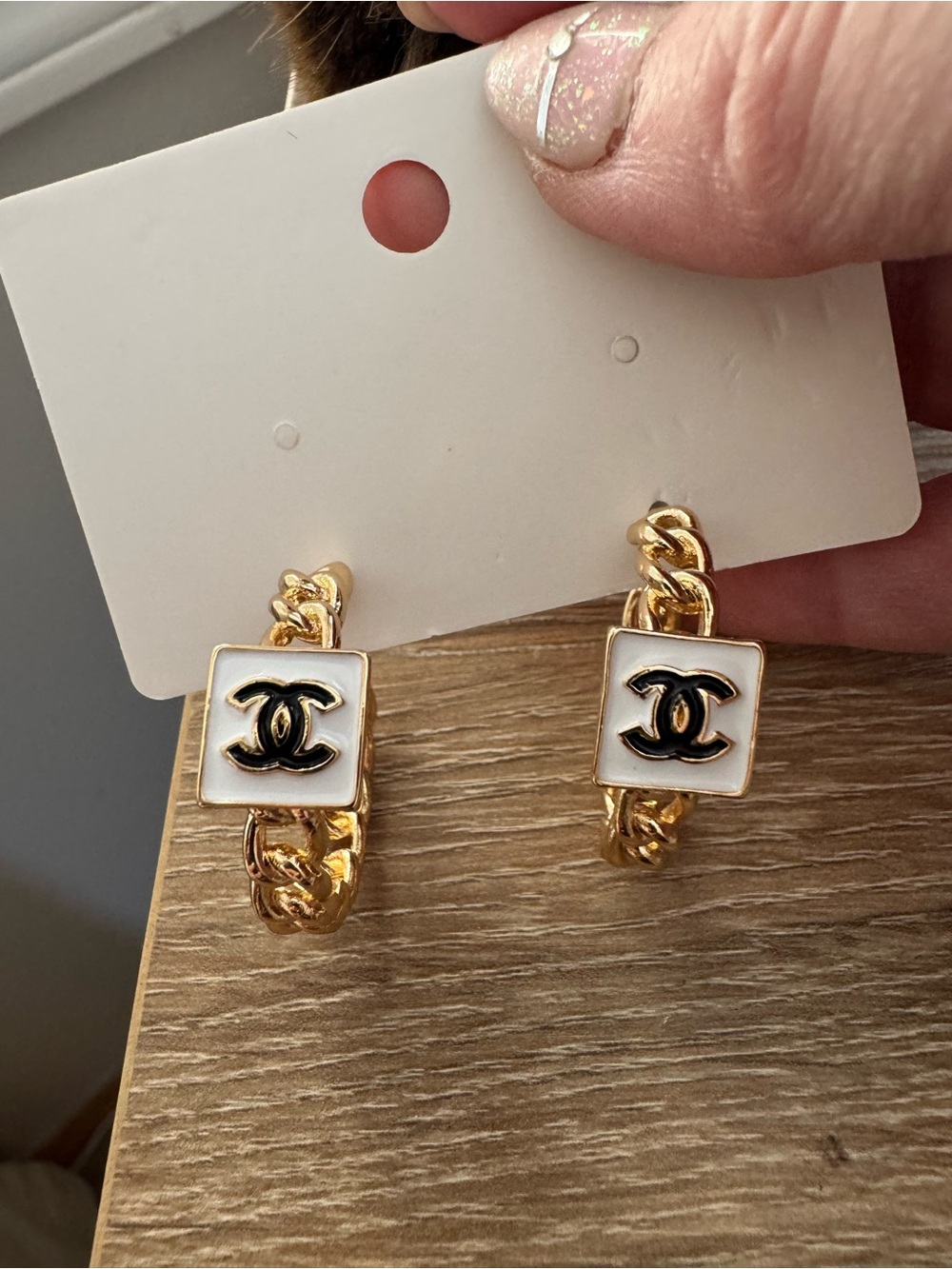 New - Gold Chain-Link Earrings with White Enamel Logo Accent